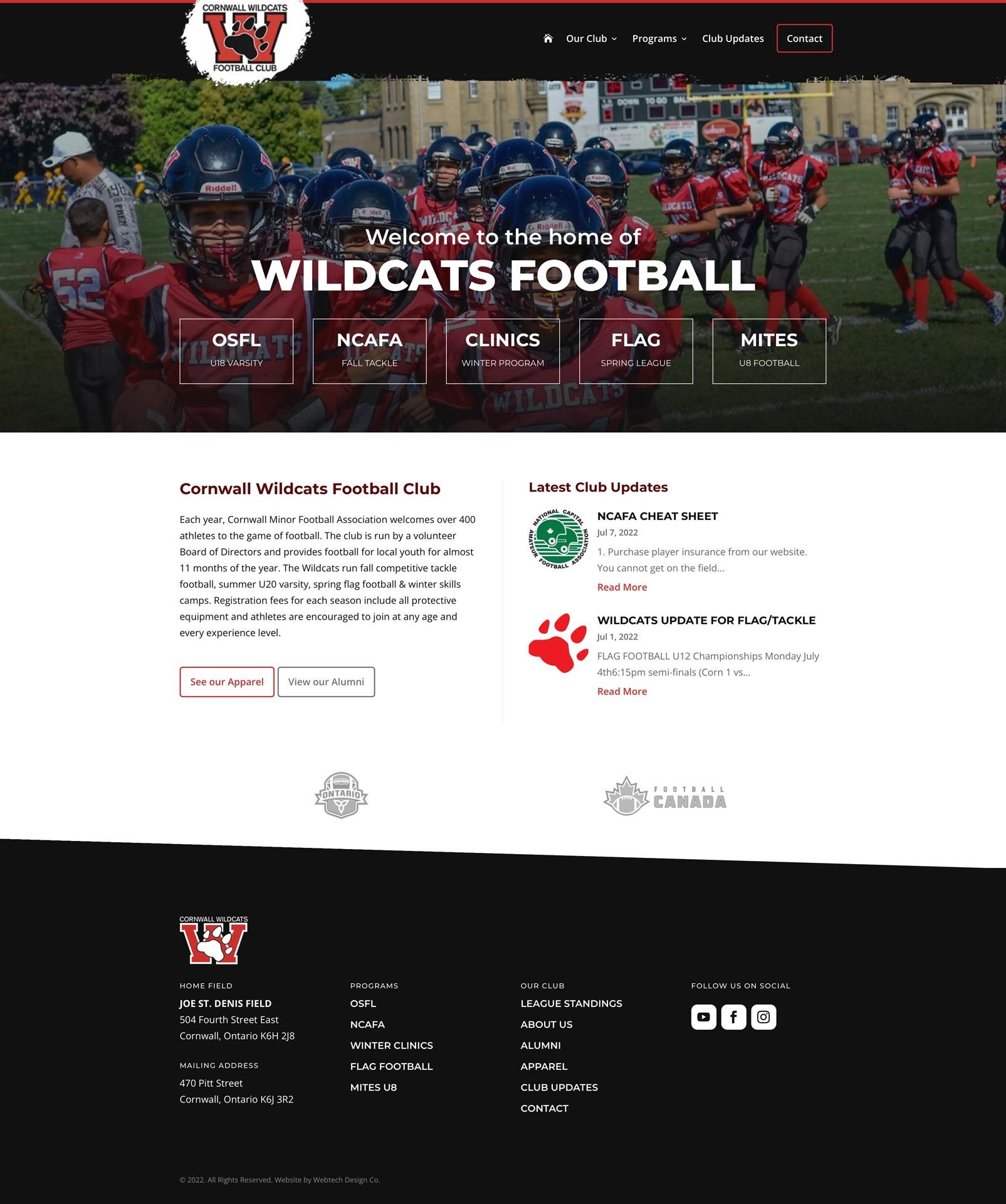 Not-For-profit web design services in Cornwall for Wildcats Football team