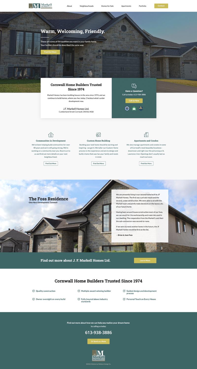 Cornwall Construction website design services for Markell Homes